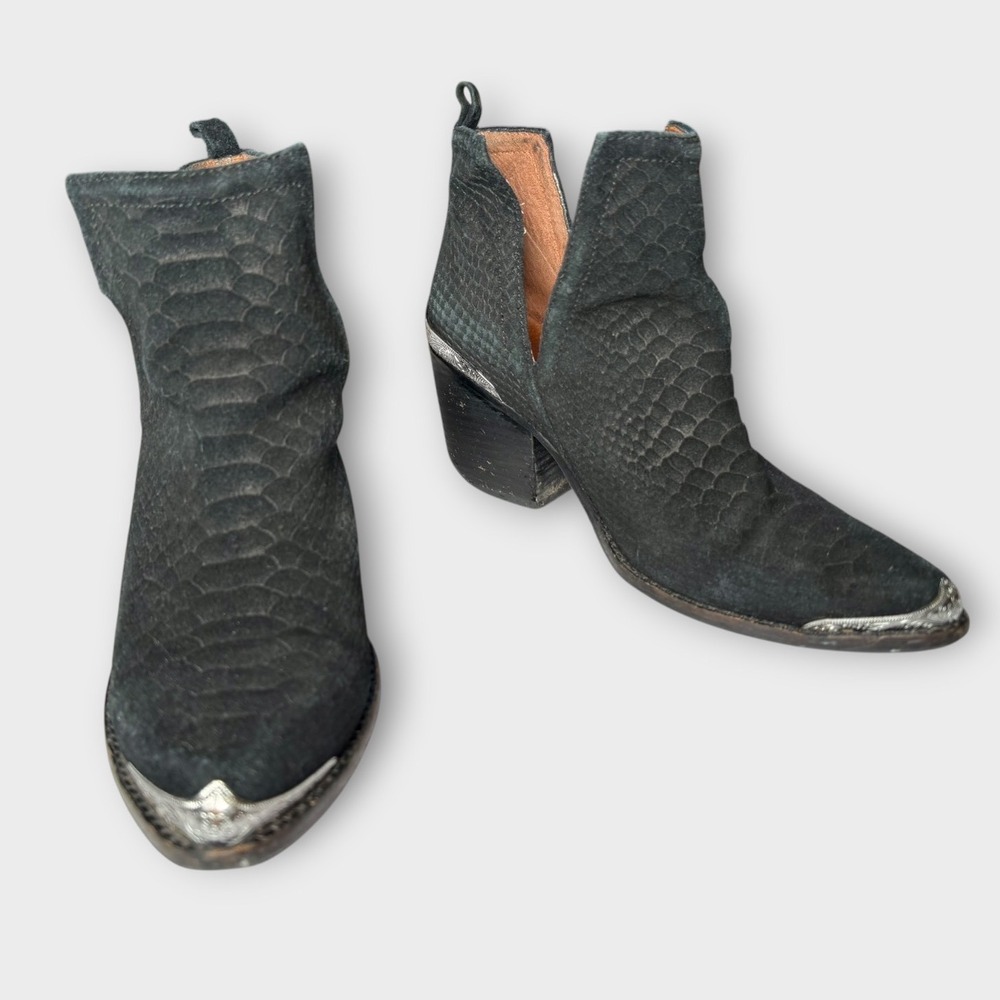 Jeffrey Campbell Cromwell Ankle Boots Snake Print Suede Western Black Silver 7.5